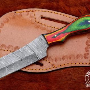 Stunning Handmade Real Damascus Cowboy Bull Cutter Knife with Colored Pakka Wood Handle and Customade Leather Sheath Included