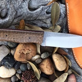 9 Inch Handmade Drop Point Fixed Blade Knife, Leather Sheath, Hiking, Bushcrafting or Camping, Cowboy Coffee Burlap Micarta Handle