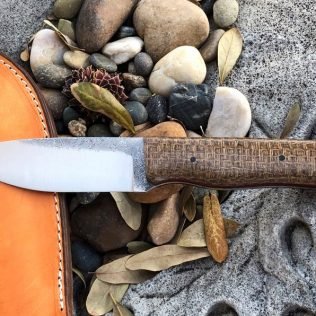 9 Inch Handmade Drop Point Fixed Blade Knife, Leather Sheath, Hiking, Bushcrafting or Camping, Cowboy Coffee Burlap Micarta Handle