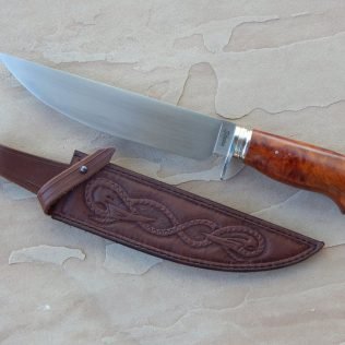 Camp Knife in 1095 HC steel with amboyna burl handle