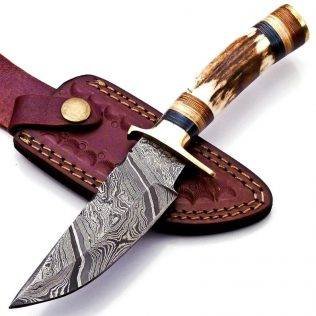 8 inch Handmade Damascus Steel Hunting knife Handle Deer Antler W leather Sheath Handle