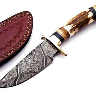 8 inch Handmade Damascus Steel Hunting knife Handle Deer Antler W leather Sheath Handle