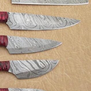 Set of 5 Custom Hand Made Damascus Steel Chef Knife with Red Colored Wood Handle