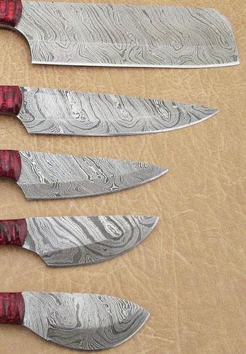 Set of 5 Custom Hand Made Damascus Steel Chef Knife with Red Colored Wood Handle - Image 2