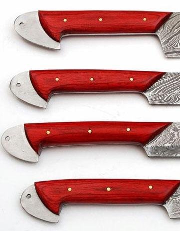 Set of 4 Custom Hand Made Damascus Steel Chef Knife with Red Colored Wood Handle - Image 4