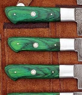 Set of 6 Custom Hand Made Damascus Steel Chef Knifes with Colored Wooden Handle