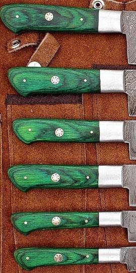Set of 6 Custom Hand Made Damascus Steel Chef Knifes with Colored Wooden Handle - Image 2