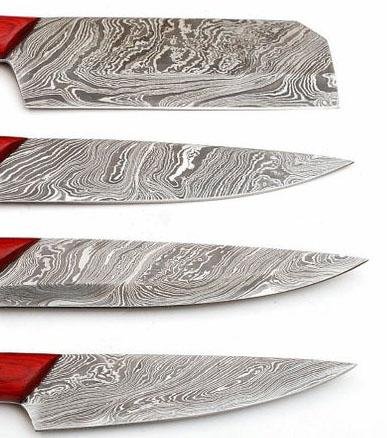 Set of 4 Custom Hand Made Damascus Steel Chef Knife with Red Colored Wood Handle - Image 5