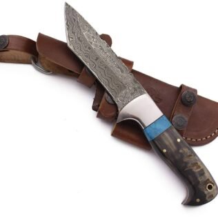 Handmade Damascus Steel Hunter, Sheep Horn Handle, with Cowhide Leather Sheath