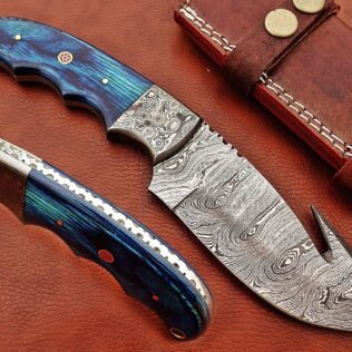 9.5″ Hand Forged Damascus Steel Gut Hook Skinning Knife, Scale with Damascus Bolster, Full Tang Blade Rain Drop Pattern Drop Point Blade, Cow Leather…