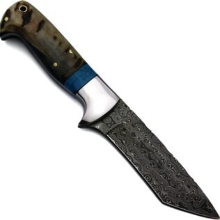 Handmade Damascus Steel Hunter, Sheep Horn Handle, with Cowhide Leather Sheath