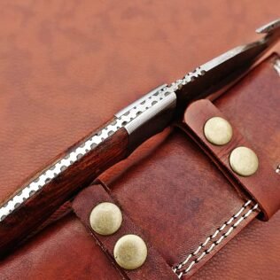 9.5″ Hand Forged Damascus Steel Gut Hook Skinning Knife, Scale with Damascus Bolster, Full Tang Blade Rain Drop Pattern Drop Point Blade, Cow Leather…