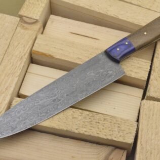 Custom Handmade Damascus Steel Hunting Kitchen Knife with Wooden Handle