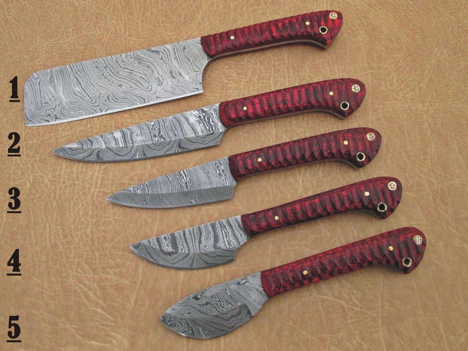 Set of 5 Custom Hand Made Damascus Steel Chef Knife with Red Colored Wood Handle - Image 7