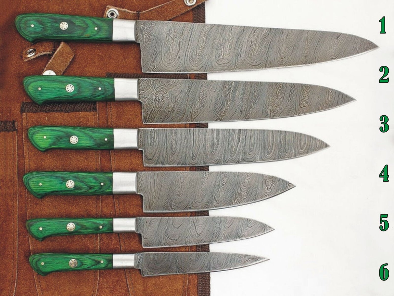 Set of 6 Custom Hand Made Damascus Steel Chef Knifes with Colored Wooden Handle - Image 6