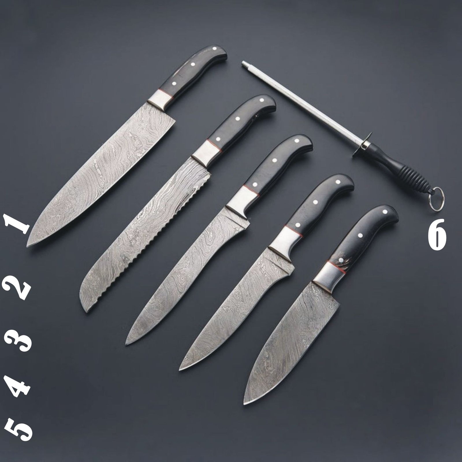 Set of 6 Custom Handmade Damascus Steel Chef Knife Set with Bull Horn Handle - Image 5