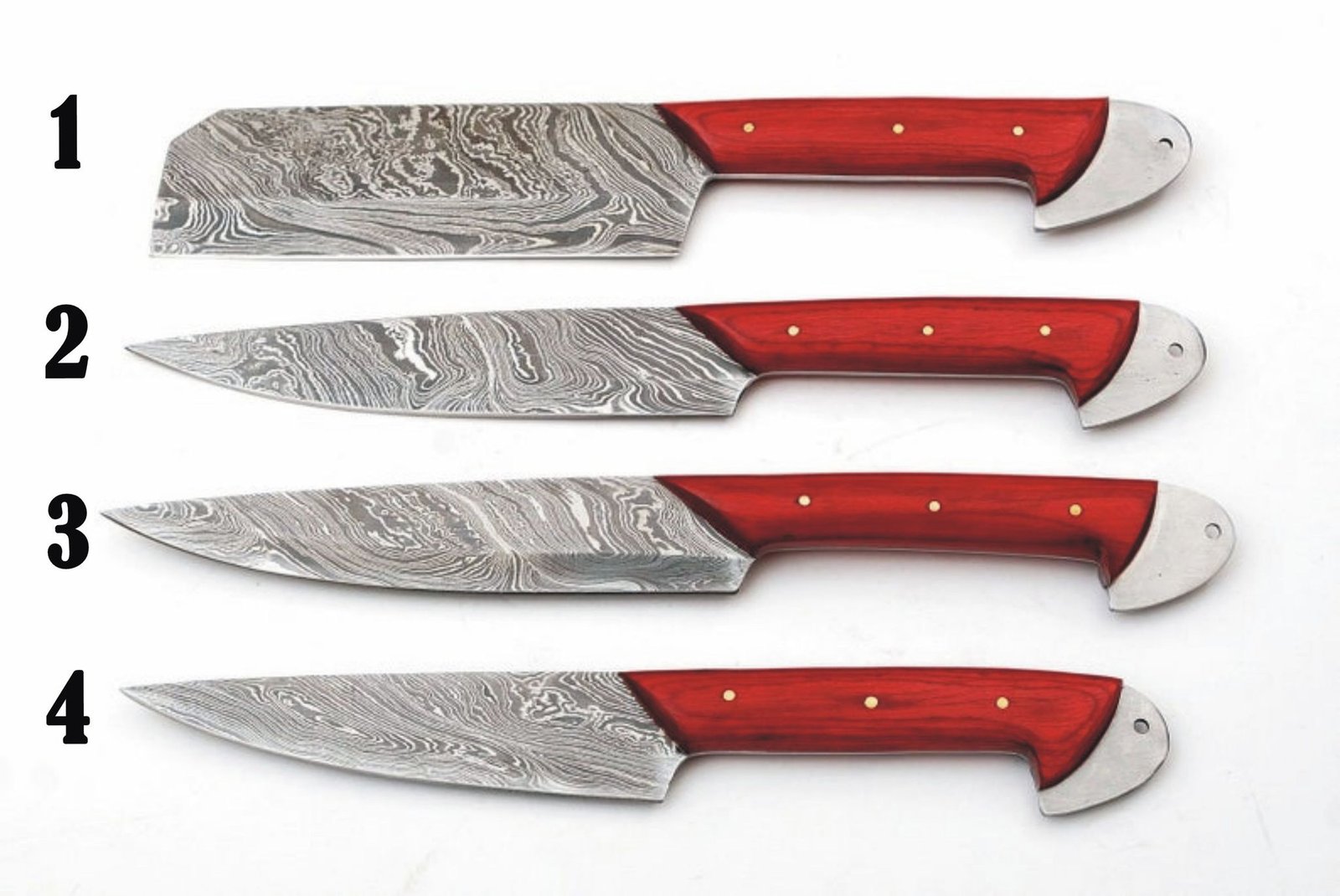Set of 4 Custom Hand Made Damascus Steel Chef Knife with Red Colored Wood Handle - Image 8