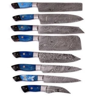 Set of 8 Custom Made Damascus Steel Chef Knifes Set with Colored Bone & Bull Horn Handle