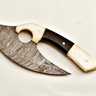 Handmade Damascus steel Ulu knife with bone and buffalo horn