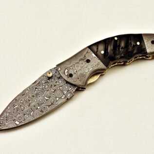 Handmade Damascus Steel Folding Knife with leather sheat