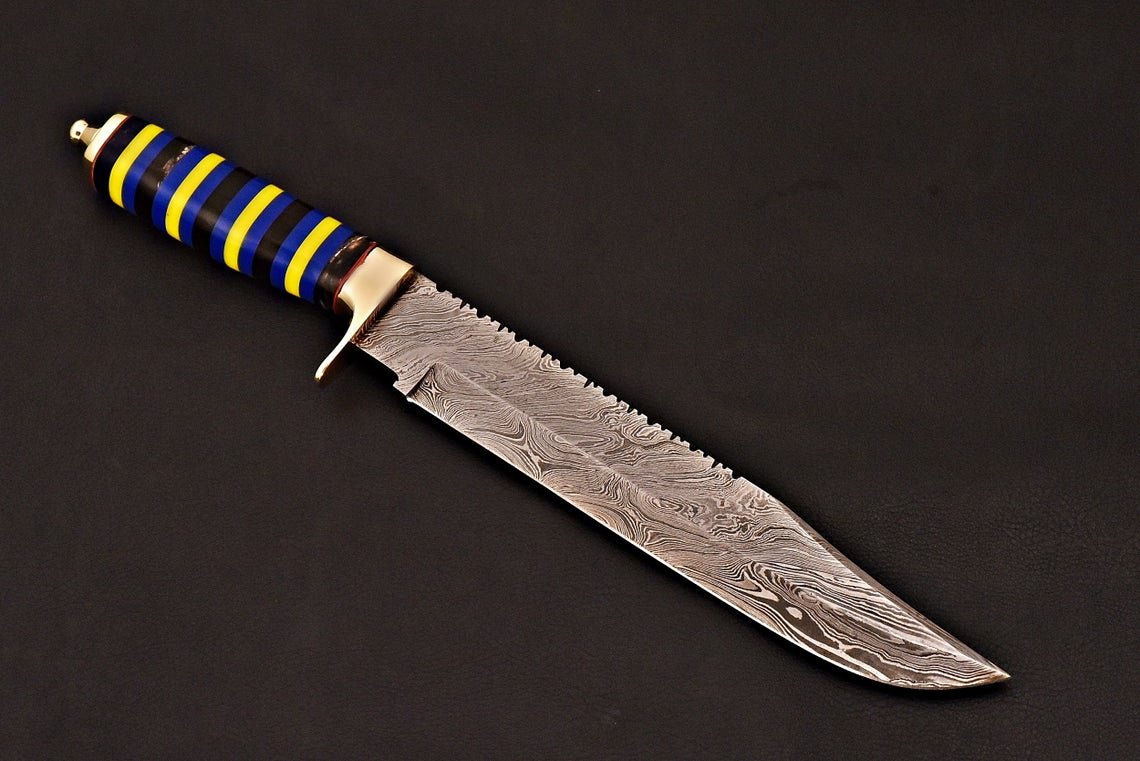 Handmade Damascus Bowie Knife With Leather Sheath
