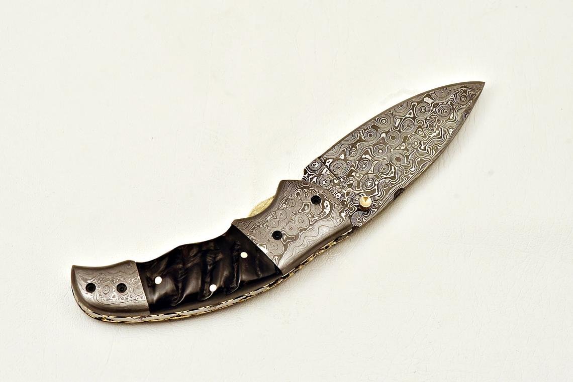 Handmade Damascus Steel Folding Knife with leather sheat
