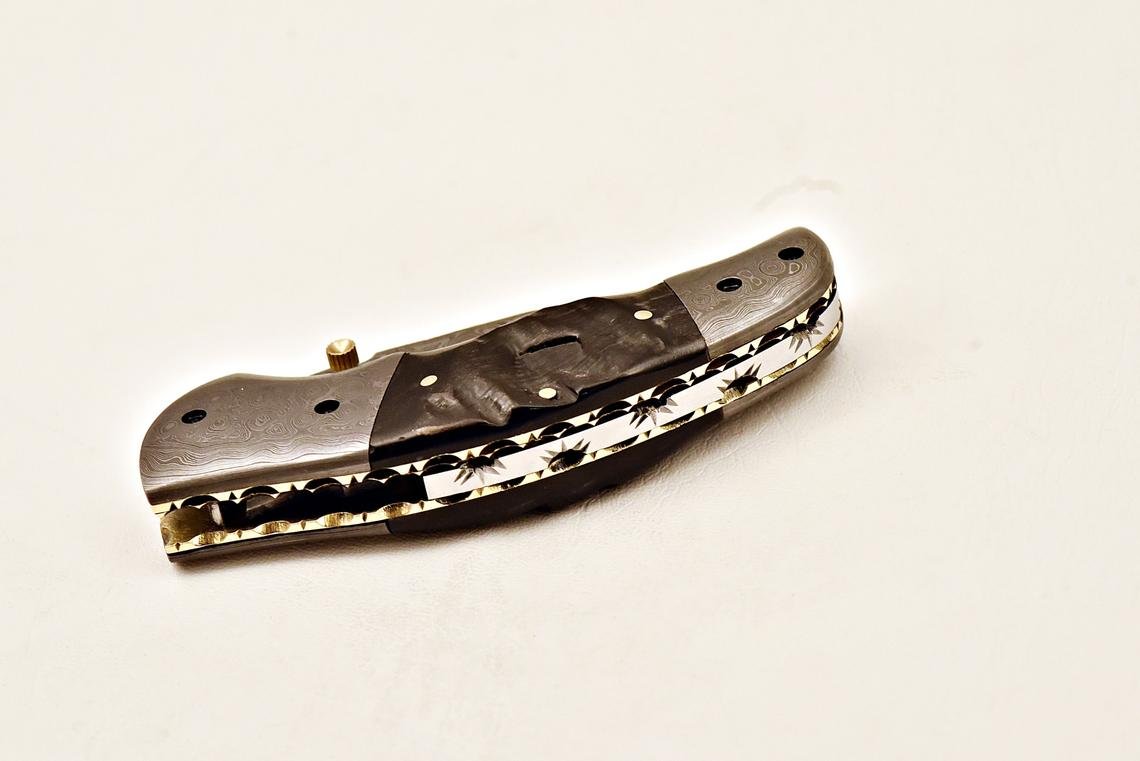 Handmade Damascus Steel Folding Knife with leather sheat - Image 7