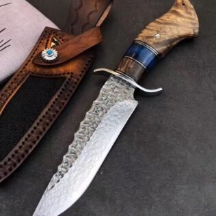 Handmade Knife, Hand Forged Knife, Damascus Blade, Fixed Blade Knife,White Shadow Handle with Handcrafted Leather Sheath, Collectable Knife