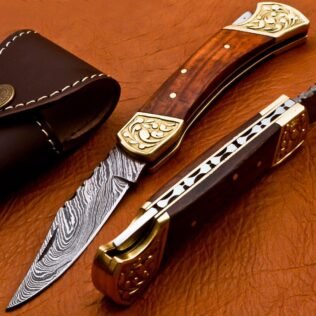 Handmade Damascus Folding Pocket knife Hunting knife 100% Handmade Damascus Steel with leather Sheath