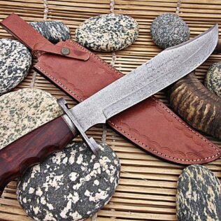 Handmade Damascus Steel Hunting Bowie Knife With Leather Sheath
