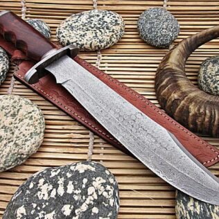 Handmade Damascus Steel Hunting Bowie Knife With Leather Sheath