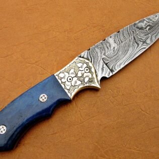 Damascus Hunting Knife, Damascus Steel Classic Bowie Knife, 9″ Handwork Steel Bolster, Blue Color Bone Handle, Fixed Blade, Full Tang