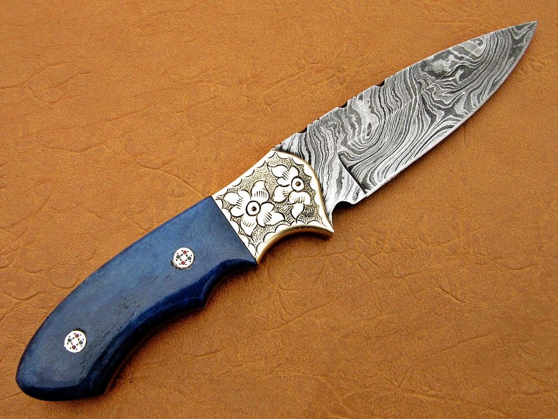 Damascus Hunting Knife, Damascus Steel Classic Bowie Knife, 9" Handwork Steel Bolster, Blue Color Bone Handle, Fixed Blade, Full Tang - Image 2
