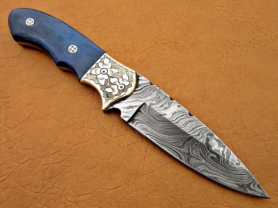 Damascus Hunting Knife, Damascus Steel Classic Bowie Knife, 9" Handwork Steel Bolster, Blue Color Bone Handle, Fixed Blade, Full Tang - Image 3