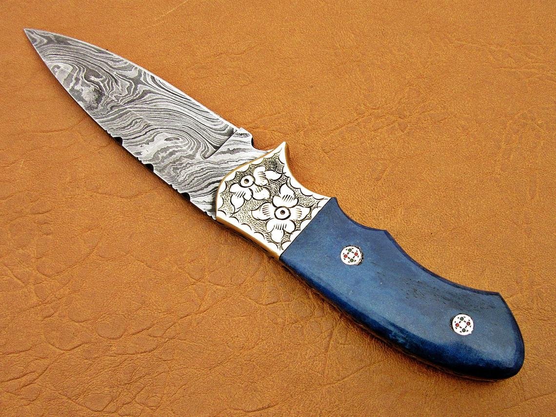 Damascus Hunting Knife, Damascus Steel Classic Bowie Knife, 9" Handwork Steel Bolster, Blue Color Bone Handle, Fixed Blade, Full Tang - Image 4