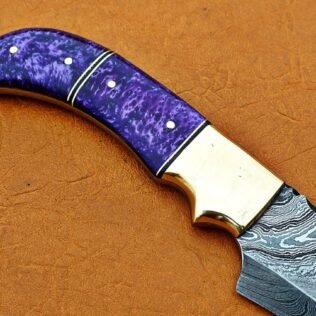Damascus Hunting Knife, Damascus Steel Classic Bowie Knife, 12″ Brass Clip Bolster, Purple Risen Handle, Fixed Blade, Full Tang