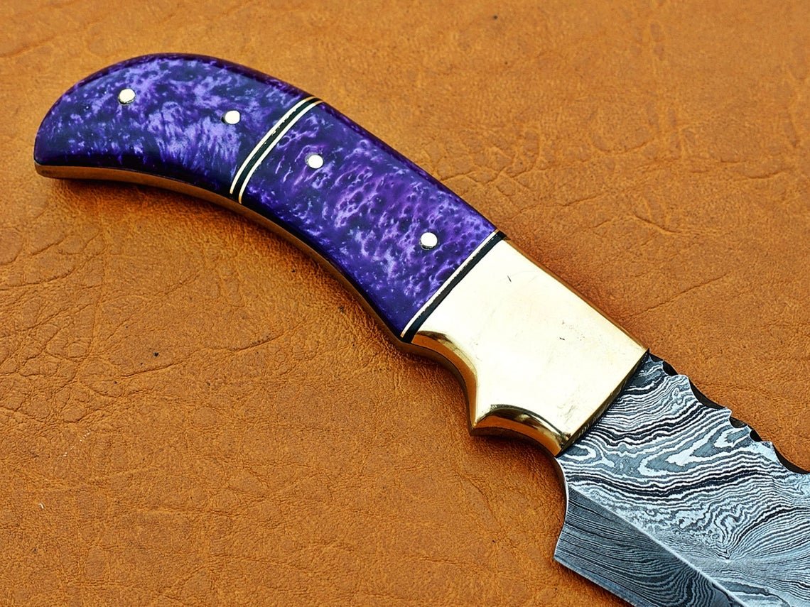 Damascus Hunting Knife, Damascus Steel Classic Bowie Knife, 12" Brass Clip Bolster, Purple Risen Handle, Fixed Blade, Full Tang - Image 2