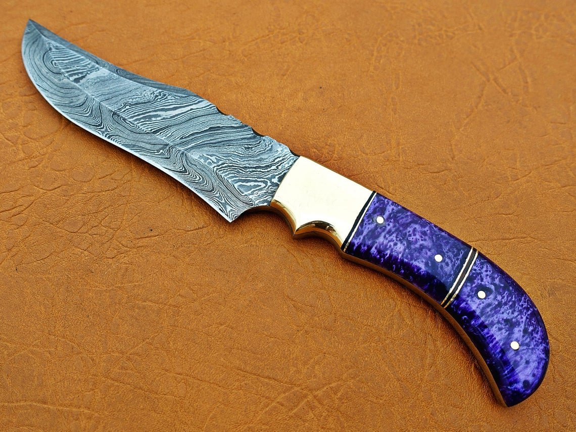 Damascus Hunting Knife, Damascus Steel Classic Bowie Knife, 12" Brass Clip Bolster, Purple Risen Handle, Fixed Blade, Full Tang - Image 3