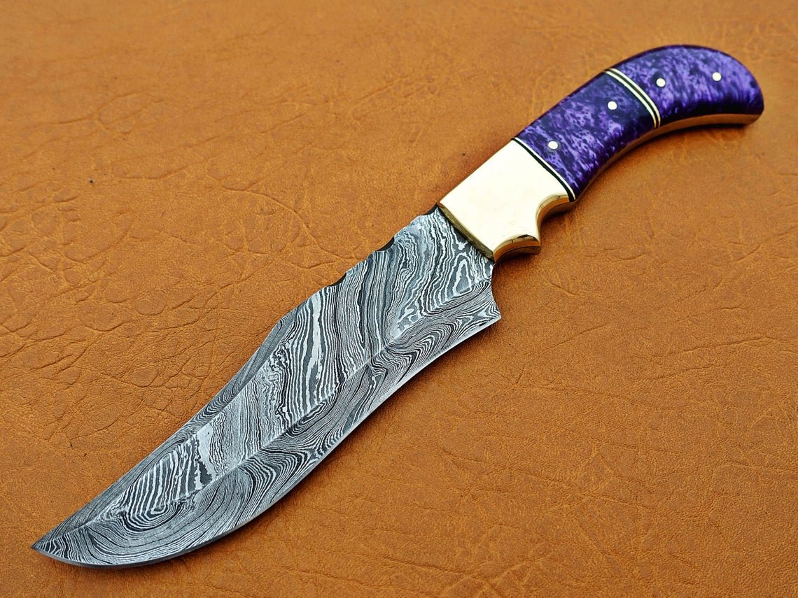 Damascus Hunting Knife, Damascus Steel Classic Bowie Knife, 12" Brass Clip Bolster, Purple Risen Handle, Fixed Blade, Full Tang - Image 4