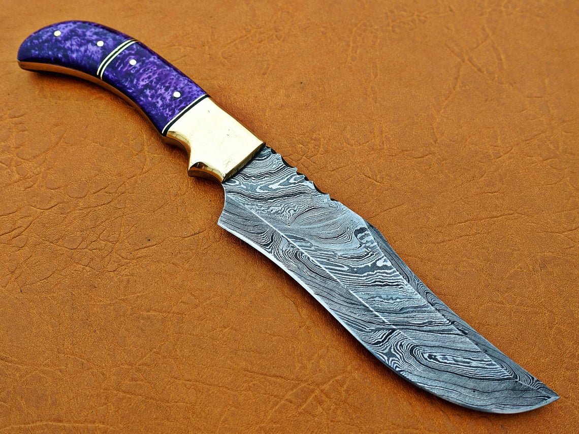 Damascus Hunting Knife, Damascus Steel Classic Bowie Knife, 12" Brass Clip Bolster, Purple Risen Handle, Fixed Blade, Full Tang - Image 5