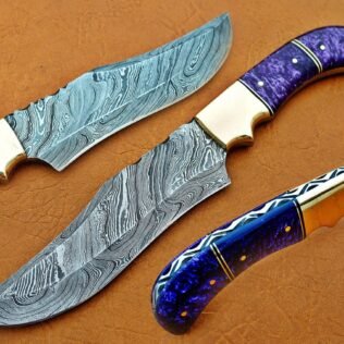 Damascus Hunting Knife, Damascus Steel Classic Bowie Knife, 12″ Brass Clip Bolster, Purple Risen Handle, Fixed Blade, Full Tang