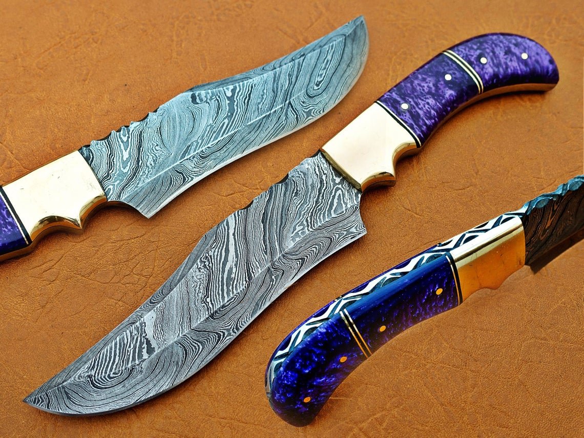 Damascus Hunting Knife, Damascus Steel Classic Bowie Knife, 12" Brass Clip Bolster, Purple Risen Handle, Fixed Blade, Full Tang