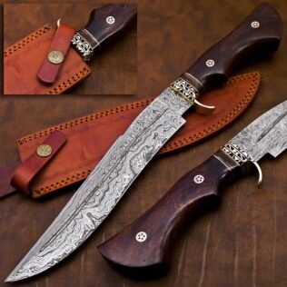 DAMASCUS HUNTING KNIFE, Custom Damascus knife, 16″ ,Hand forged, Damascus steel knife, Brass Guard Spacer, Bowie knife