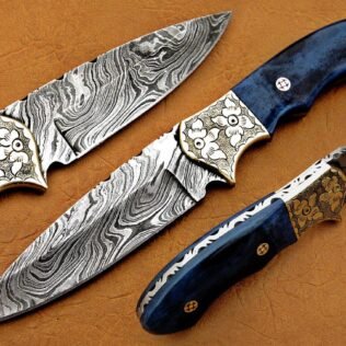 Damascus Hunting Knife, Damascus Steel Classic Bowie Knife, 9″ Handwork Steel Bolster, Blue Color Bone Handle, Fixed Blade, Full Tang