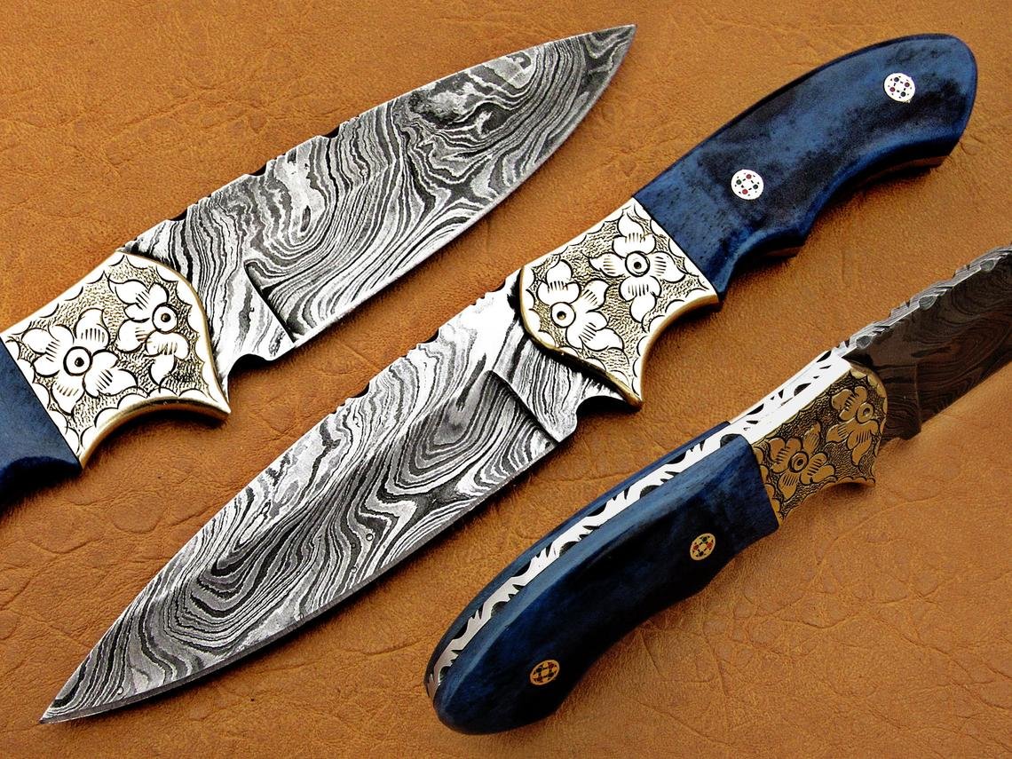 Damascus Hunting Knife, Damascus Steel Classic Bowie Knife, 9" Handwork Steel Bolster, Blue Color Bone Handle, Fixed Blade, Full Tang