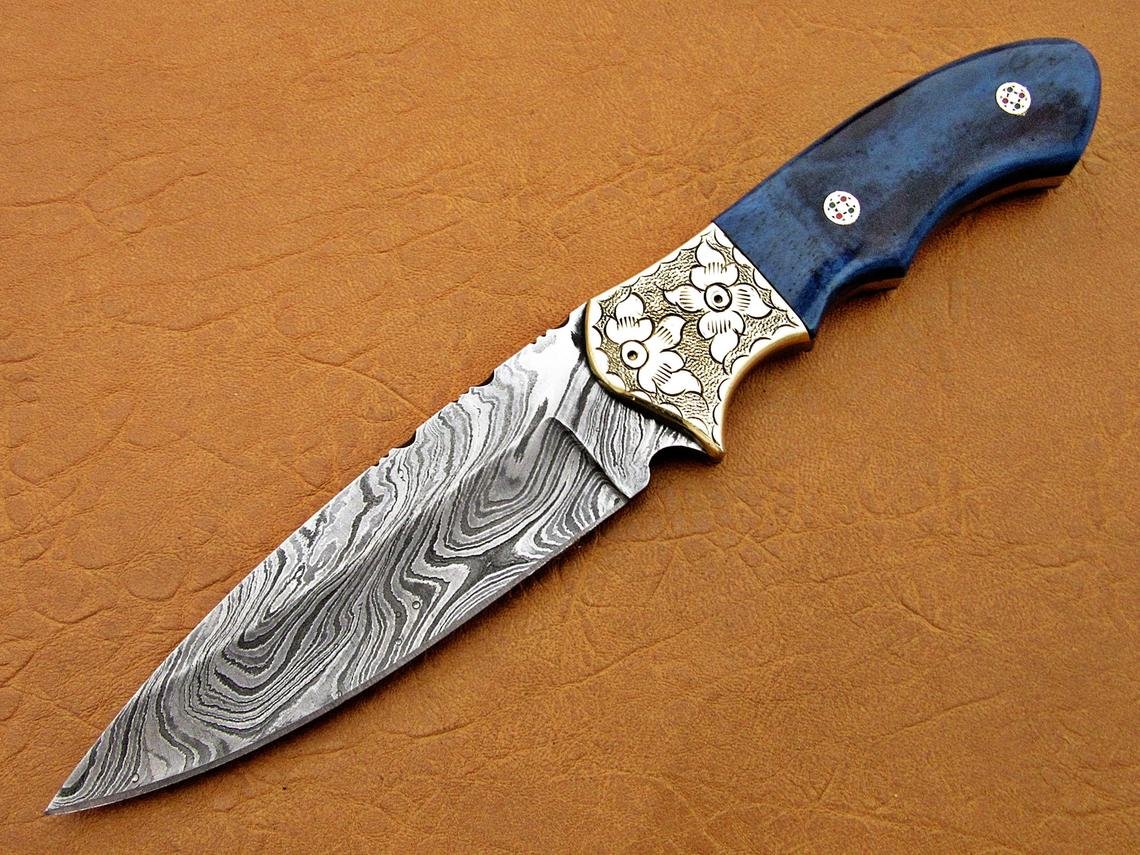 Damascus Hunting Knife, Damascus Steel Classic Bowie Knife, 9" Handwork Steel Bolster, Blue Color Bone Handle, Fixed Blade, Full Tang - Image 5