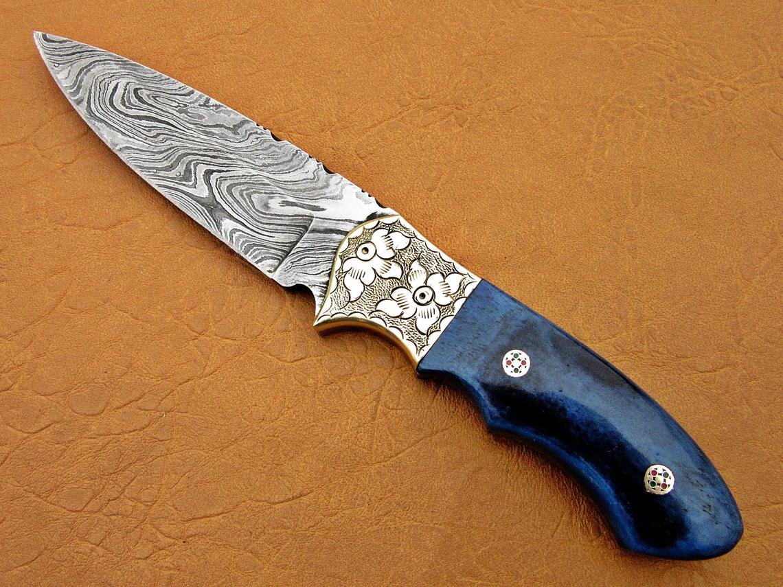 Damascus Hunting Knife, Damascus Steel Classic Bowie Knife, 9" Handwork Steel Bolster, Blue Color Bone Handle, Fixed Blade, Full Tang - Image 6