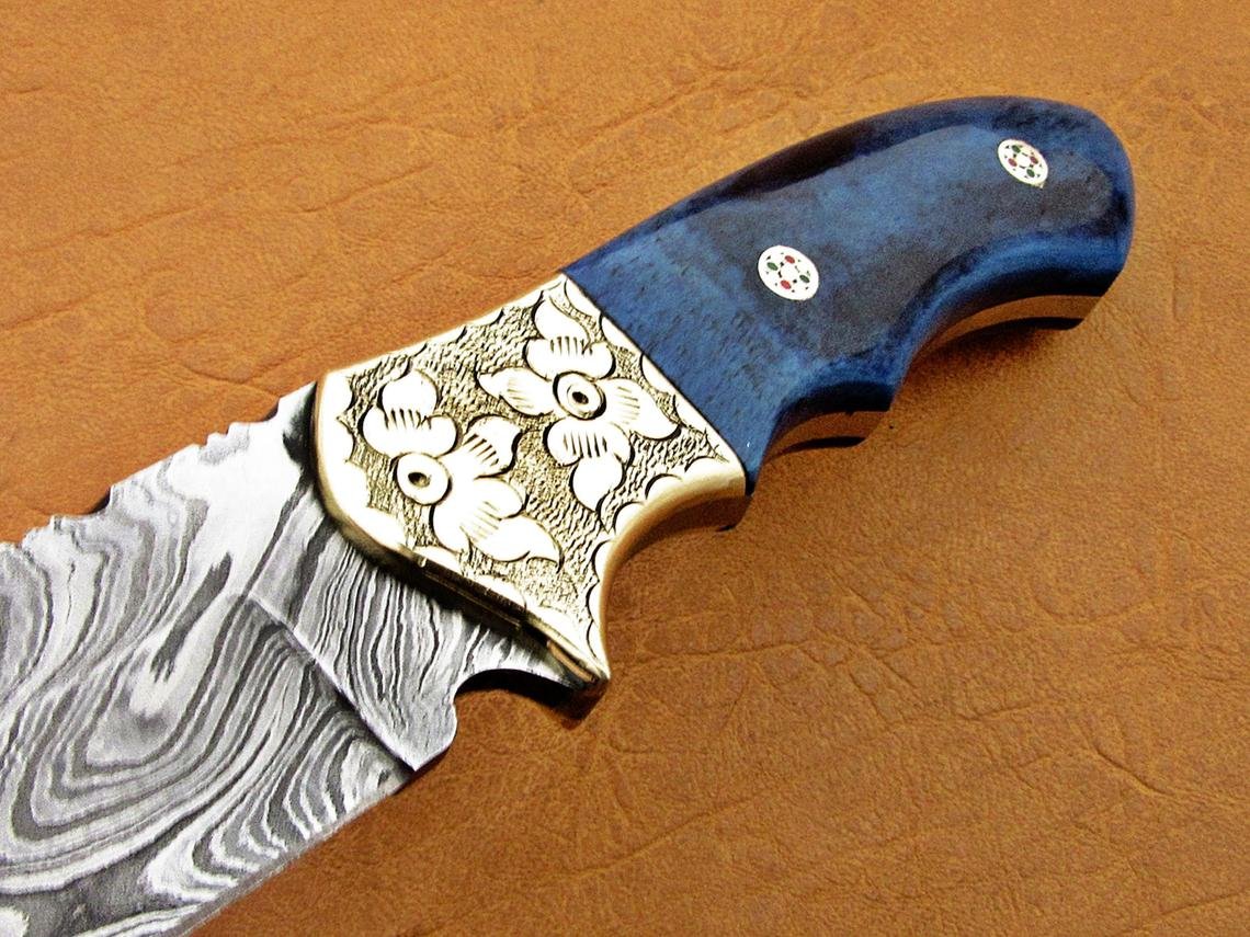 Damascus Hunting Knife, Damascus Steel Classic Bowie Knife, 9" Handwork Steel Bolster, Blue Color Bone Handle, Fixed Blade, Full Tang - Image 7