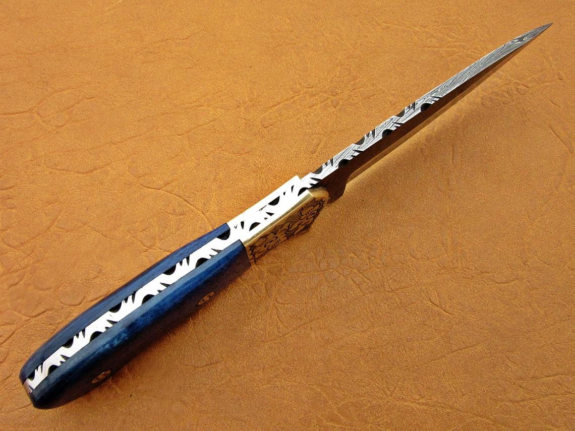 Damascus Hunting Knife, Damascus Steel Classic Bowie Knife, 9" Handwork Steel Bolster, Blue Color Bone Handle, Fixed Blade, Full Tang - Image 8