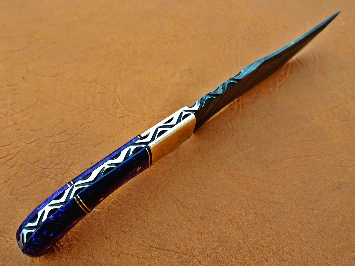 Damascus Hunting Knife, Damascus Steel Classic Bowie Knife, 12" Brass Clip Bolster, Purple Risen Handle, Fixed Blade, Full Tang - Image 6